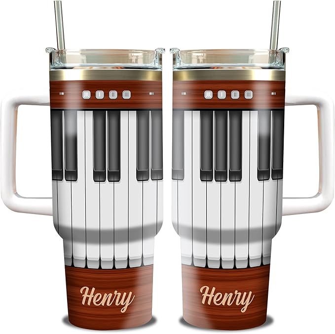 WAZONE Personalized Piano Key Tumbler Cup With Handle and Straw 40oz Custom Name Insulated Tumblers Double Wall Vacuum Birthday Christmas Gifts For Pianist Piano Lover Musician Music Teacher - Bloomnest