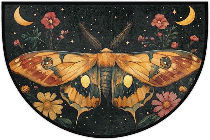 Half Round Door Mat, Moth Moon Flower Half Circle Rug for Home Decor Floor Indoor Outdoor Non-Slip Washable Half Moon Rug Doormat 36X24 Inch - Bloomnest