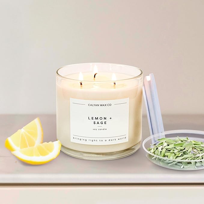 Calyan Wax Co. Lemon & Sage 3 Wick Scented Candle - 43 Hour Burn - Luxury 3 Wick Soy Candles - Non Toxic Soy Wax Candles - Long Lasting Large Glass Jar Candle for Home - 14.9oz - Bloomnest