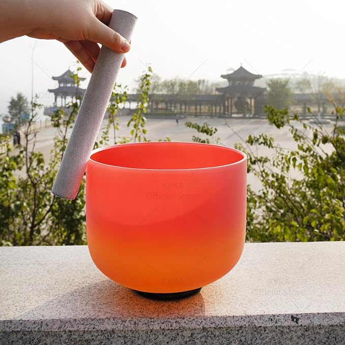 KVKA Rainbow C Note Root Chakra Red-Yellow Colored Frosted Quartz Crystal Singing Bowl 10 inch with Carrying Case - Bloomnest
