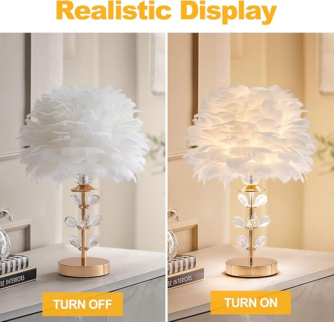 Chic White Feather Lamp Creative Fluffy Table Lamp Cute Kids Bedside Lamp Modern Feather Desk Light for Teen Girls Bedroom Living Room Entryway Study Room Wedding Deco - Bloomnest