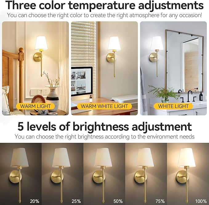 Wireless Wall Sconces Set of Two Battery Operated, Rechargeable Wall Lamp with 10000 mAh Dimmable Bulb & Remote, 10 Colors Wall Lights for Bedroom Living Room Hallway Wall Decor - Bloomnest