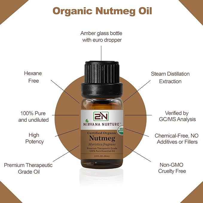 Nutmeg Essential Oil, USDA Certified Organic, 100% Pure Undiluted, Aromatherapy Oil for Diffuser, Hair & Skin Care NirvanaNurture