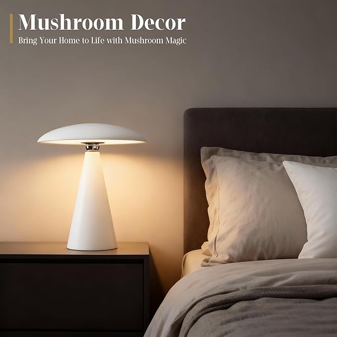 Mushroom Aesthetic Cute Lamp,Magnetic Mid Century Modern Lamp with 3-Mode Lighting for Unique Home Mushroom Decor,Cordless USB Rechargeable Lamps for Bedside/Dorm/Office/Entryway Decor(White) - Bloomnest