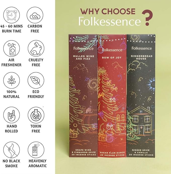 Folkulture Incense Sticks with Holder for Gift | Set of 6 (120) Organic Non Toxic Incense Sticks Christmas - Vanilla, Plum, Pine, Eucalyptus Insense for Gifts for Women