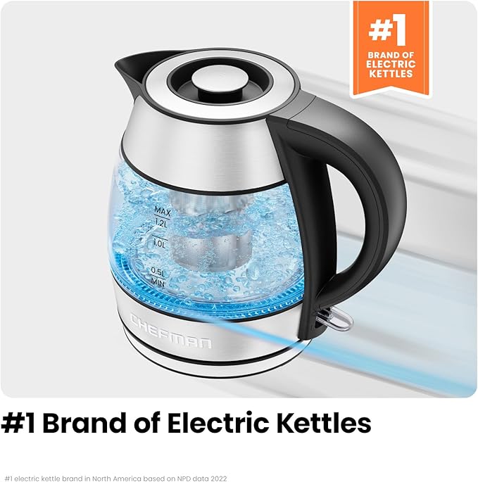 CHEFMAN Electric Kettle - 1.2L 1500W Hot Water Tea Pot with Infuser, BPA Free, Auto Shut Off, Boil-Dry Protection, Removable Lid, LED Light, Cordless Glass Electric Tea Kettle – Stainless Steel - Bloomnest