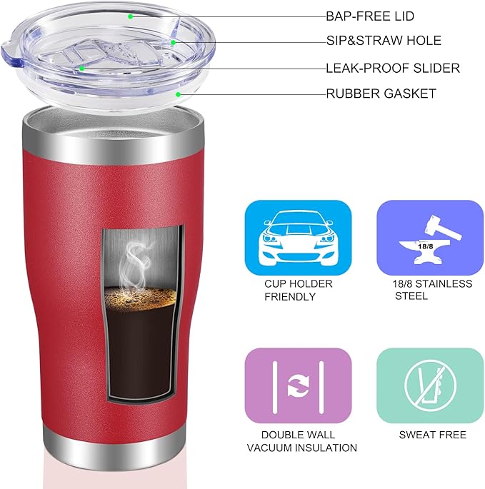 VEGOND 20oz Tumbler Stainless Steel Tumbler Cup with Lid And Straw Vacuum Insulated Double Wall Travel Coffee Mug(Brick Red 6 Pack)
