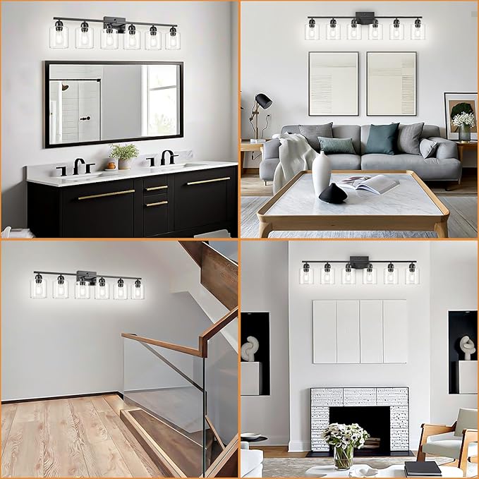 Modern 6 Light Bathroom Light Fixtures,38 inch Vanity Lights for Bathroom with Clear Glass, Black Vanity Light for Mirror Kitchen Living Room Hallway Cabinet Porch - Bloomnest