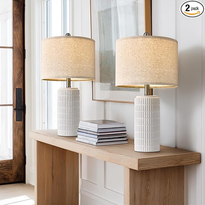 PoKat 24" Farmhouse Ceramic Table Lamps Set of 2 for Bedroom, White Stone-Like Bedside Lamps for Night Stands, Matte-Textured Decor Nightstand Table Lamps for Living Room End Table White - Bloomnest
