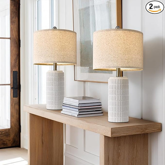 PoKat 24" Farmhouse Ceramic Table Lamps Set of 2 for Bedroom, White Stone-Like Bedside Lamps for Night Stands, Matte-Textured Decor Nightstand Table Lamps for Living Room End Table White - Bloomnest