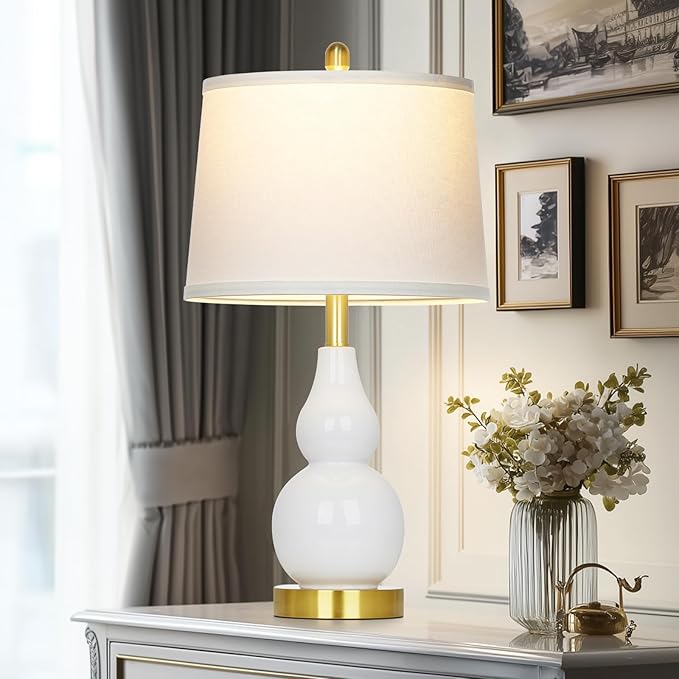 Ceramic Table Lamp for Living Room, 25" Modern Double Gourd Ceramic Lamp for Bedroom White Farmhouse Rustic Classic Bedside Lamp with Round Fabric Shade for Night stand Desk End Tables(Bulb Included) - Bloomnest