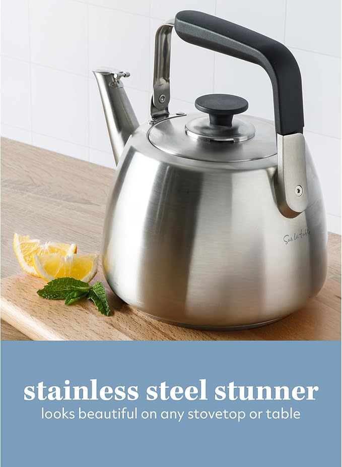 Sur La Table Kitchen Essentials 2 Qt Heavy Gauge Brushed Stainless Steel Whistling Tea Kettle – Durable Stovetop Kettle - Bloomnest