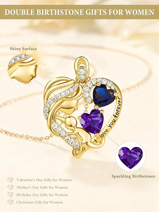 14K Gold Double Birthstone Heart Necklace for Women Mom, Mother Son/Daughter Pendant Necklace for Christmas Mother's Day Birthday Gifts for Wife Daughter Grandmom - Bloomnest