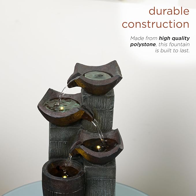 Alpine Corporation TZL414 14" 4 Tier Squared Bowls Fountain with LED Lights, Elegant Tabletop Water Feature for Home, Office, Living Room, Bedroom & Desk Decor, Gray - Bloomnest