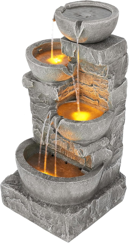 Teamson Home 33.25 in. Cascading Bowls and Stacked Stones LED Outdoor Water Fountain for Gardens, Landscaping, Patios, Balconies, and Lawns for a Calming Oasis in Outdoor Living Spaces, Stone Gray - Bloomnest