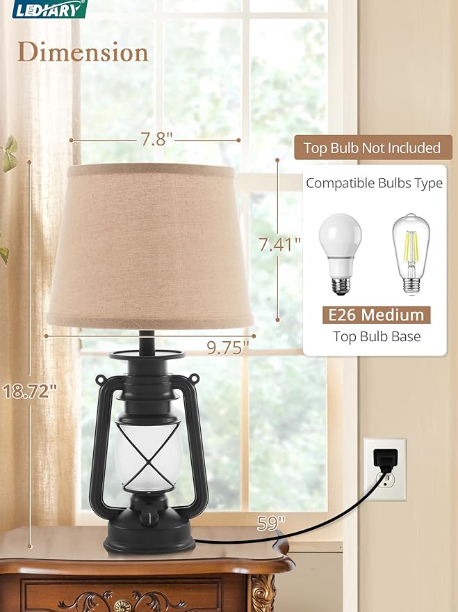 LEDIARY 18.72" Black LED Lantern Flickering Flame Table Lamps for Bedrooms Set of 2, Small Farmhouse Rustic End Table Lamps, Halloween Decorative Lantern Bedside Lamps for Living Room - Bloomnest