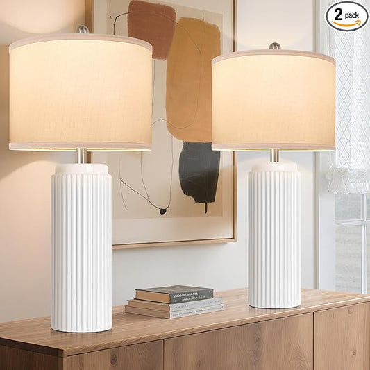 TOBUSA 28’’ Modern White Ceramic Lamps Set of 2 for Living Room, Vintage Nightstand Lamps for Bedroom, Farmhouse Bedside Lamps with Linen Shade, Elegant Decor Lamp Sets for Home Office - Bloomnest
