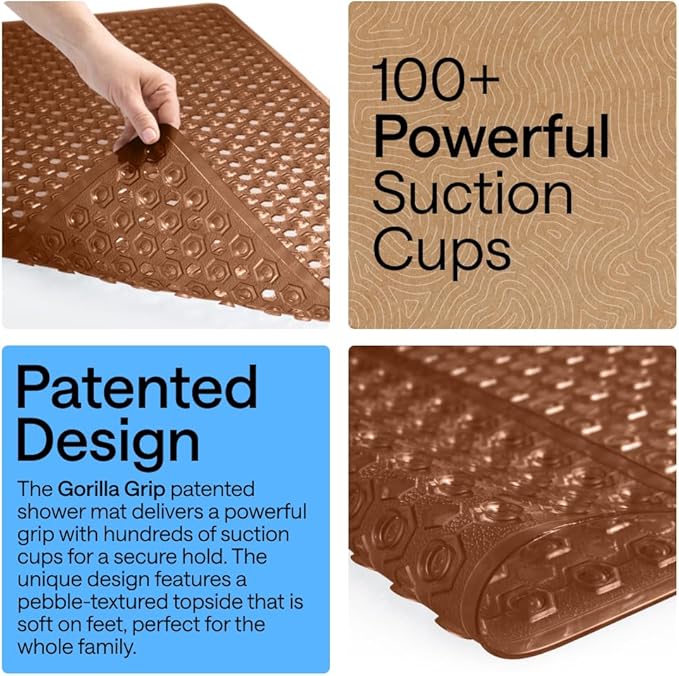 GORILLA GRIP Patented Square Shower Stall Mat, Small Bathtub Floor Mats for Stand Up Showers with Suction Cups and Drainage Holes, Machine Wash, Soft on Feet, Bathroom Accessories 21x21 Inch, Brown - Bloomnest