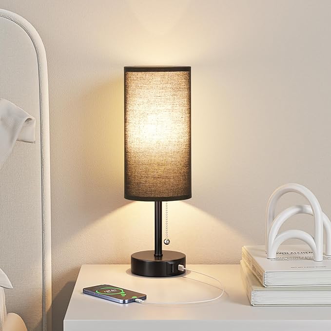 Black Bedside Lamp for Bedroom Nightstand - Small Table Lamp with USB A + C Charging Port, 3 Color Temperatures Pull Chain Night Stand Light with Bulb， Side Table Desk Reading Lamp for Living Room - Bloomnest