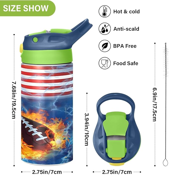 Rugby Football America Kids Water Bottle with Straw Lid Insulated Tumbler with Handle Stainless Steel Reusable Toddlers Cup for Kids Boys 12 oz - Bloomnest