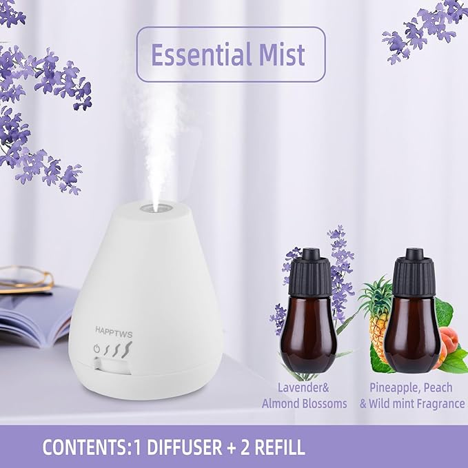 HAPPTWS Essential Oil Diffuser - Waterless Diffuser 3 Timer Settings Battery Powered for Bedroom Yoga Room Toilet Pet Room White - Bloomnest