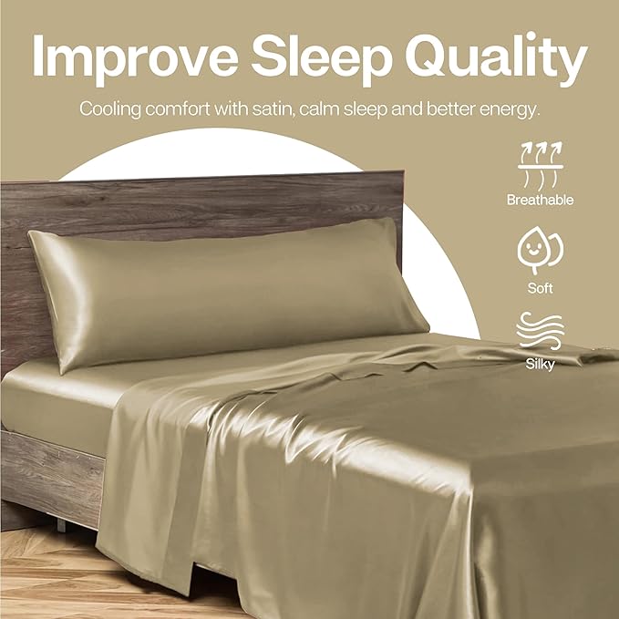 MR&HM Satin Body Pillow Cover, Soft and Breathable Body Pillow Case with Envelope Closure, Cooling and Silky Long Pillowcase for Hair and Skin,Grey (20x54, Golden Bronze) - Bloomnest