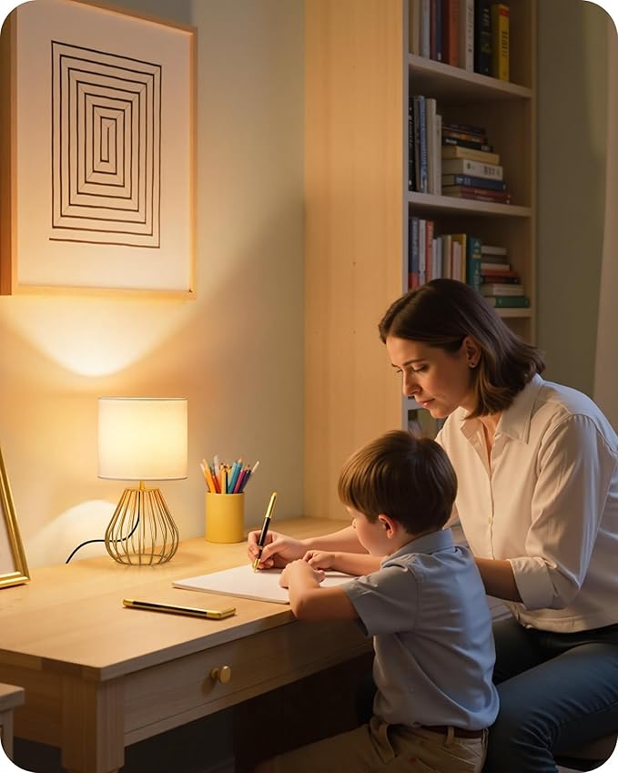 Gold Table Lamp Set of 2, Small Bedside Lamp with Gold Metal Base & White Linen Lampshade, Modern Nightstand Lamp, Little Cute Desk Lamp for Bedroom, 2700K LED Bulb Included DCW06TLP205 - Bloomnest