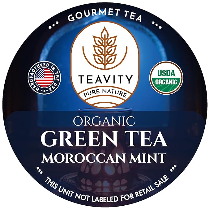 Organic Moroccan Mint Tea and Green Tea Pods for Keurig - Caffeinated Unsweet Tea for K Cup Brewing by Teavity (36 Tea Pods) - Bloomnest