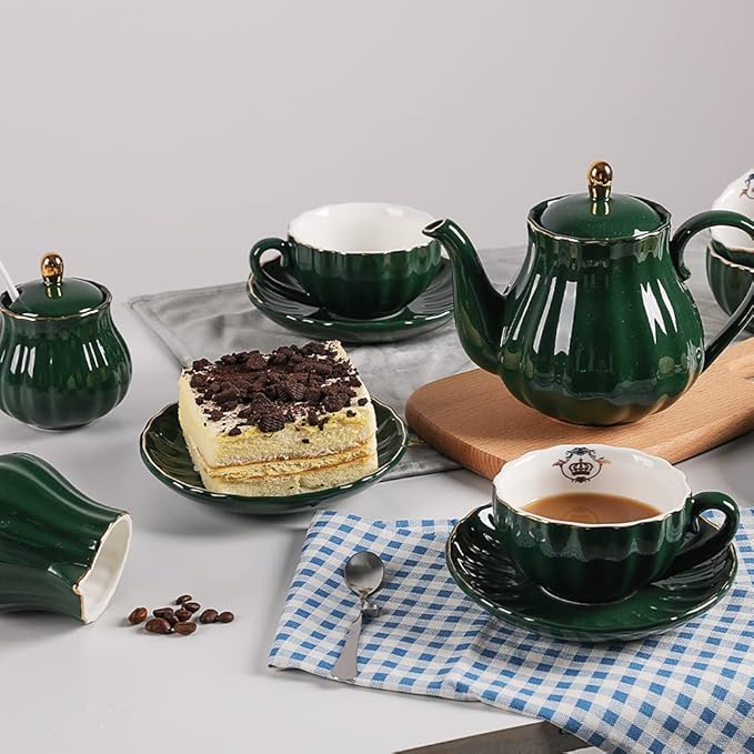 Sweejar Porcelain Tea Sets British Royal Series, 8 OZ Cups& Saucer Service for 6, with Teapot Sugar Bowl Cream Pitcher Teaspoons and Tea Strainer, Suitable for High Tea, Wedding, Party (Jade) - Bloomnest