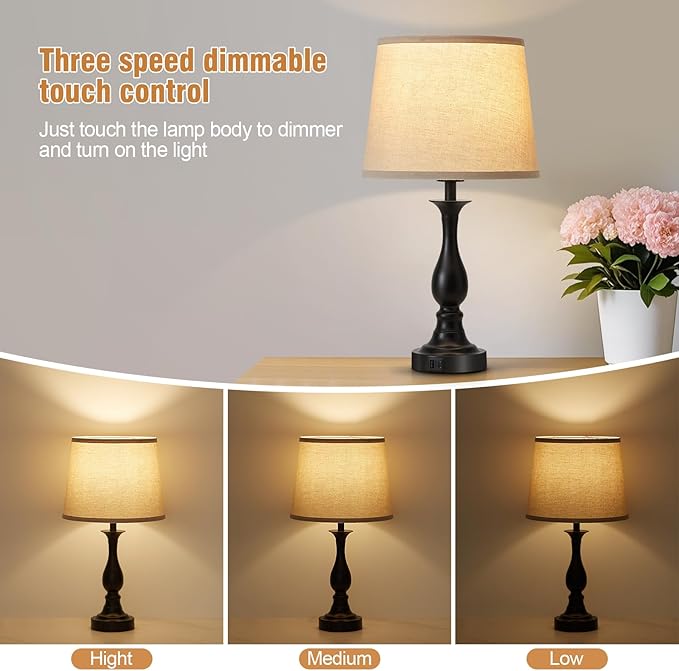 Bedside Table Lamp Touch Control Bedroom Lamps with USB A and C Charging Port 3 Way Dimmable Touch Lamps for Nightstand Living Room Bedroom Dorm Home Office Reading, Set of 2 - Bloomnest