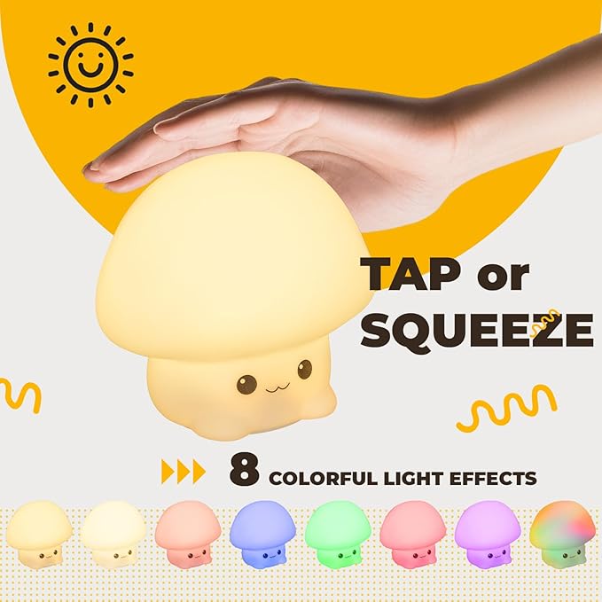 LED Squishy Animal Night Light - 2 Level Dimmable Nursery Lamp for Kids, Rechargeable Touch Lamp, Cute Dorm Decor - Perfect Baby Boys Girls Gift (Cartoon Mushroom) - Bloomnest