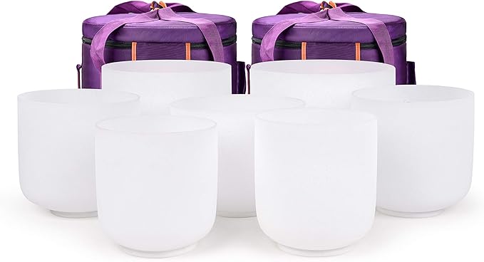TOPFUND 432 Hz Chakra Set of 7 Crystal Singing Bowls 6-10 inch with Heavy Duty Carrying Cases and Mallets