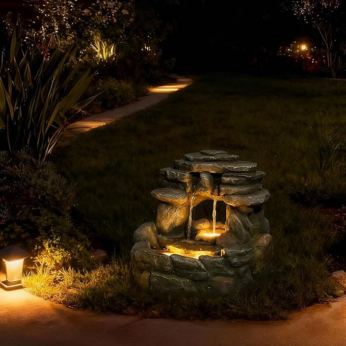 15.6''H Small Rock Water Fountain Outdoor&Indoor, 3-Tier Garden Waterfall with Warm Lights and 2 Flows for Patio, Backyard, Deck, Porch, Home DéCor, Stone Gray - Bloomnest