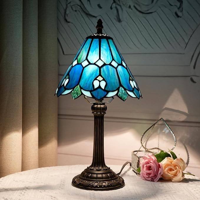 8 Inch Tiffany Style Colorful Lamp, Blue Green Umbrella Retro Design Bedside Lamp, Suitable for Bedroom, Dormitory Cafe and Other Home Art Decoration - Bloomnest