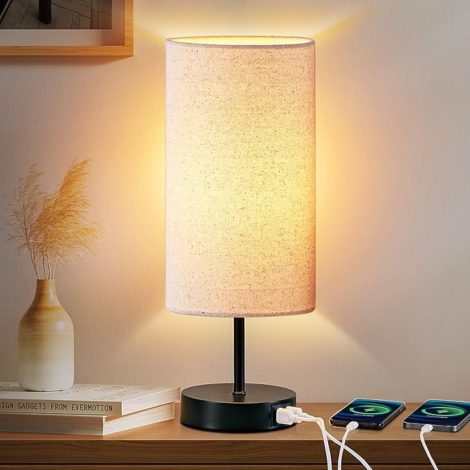 Touch Control Bedside Lamp with 2 USB Ports, 3-Way Dimmable Table lamp for Bedroom, Nightstand Lamp with Round Linen Fabric Shade for Living Room Home Office (E26 LED Bulb Included) - Bloomnest