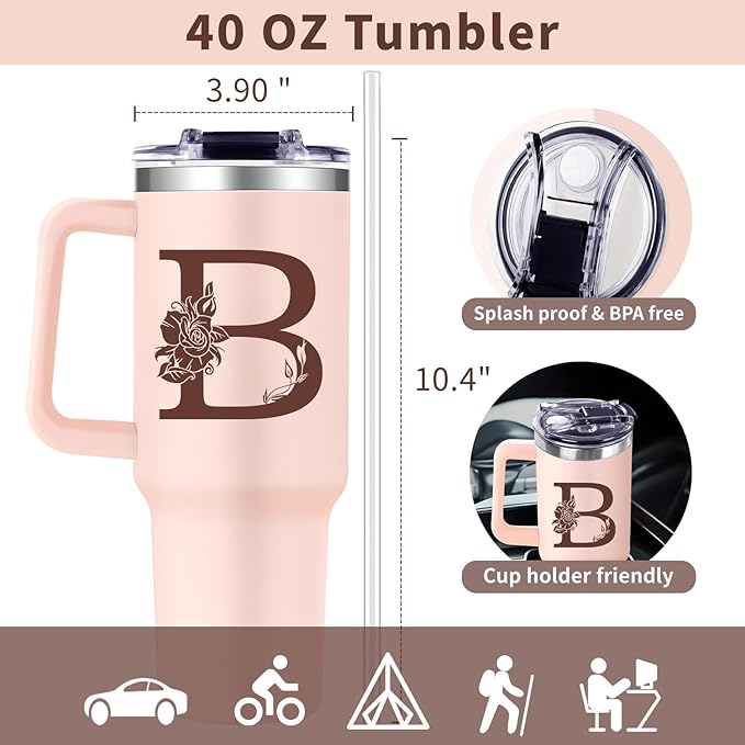 Monogrammed 40oz Tumbler with Handle for Women, Personalized Birthday Gifts for Women,Initial Cups for Woman Pink Letter B,Customized Gifts for Female Lady Gift for Mothers Day Christmas - Bloomnest