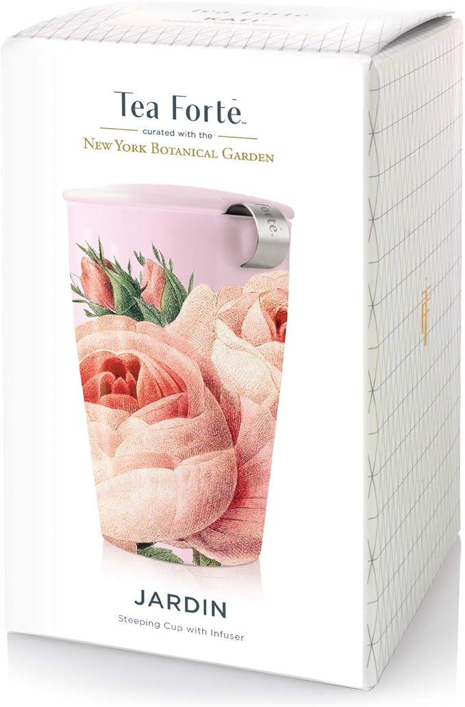 Tea Forte Double-Walled Ceramic Kati Cup, Removable Stainless Steel Infuser Basket and Lid, Steeps 12 oz Loose Leaf Tea, Dishwasher & Microwave Safe, Jardin - Bloomnest