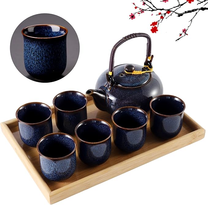 DUJUST Japanese Tea Set for 6, Kiln Altered Glaze Porcelain Tea Set with 1 Teapot, 6 Tea Cups & 1 Tea Tray, Unique Chinese Tea Sets for Adults/Tea Lovers/Women/Men, Dark Blue - Bloomnest