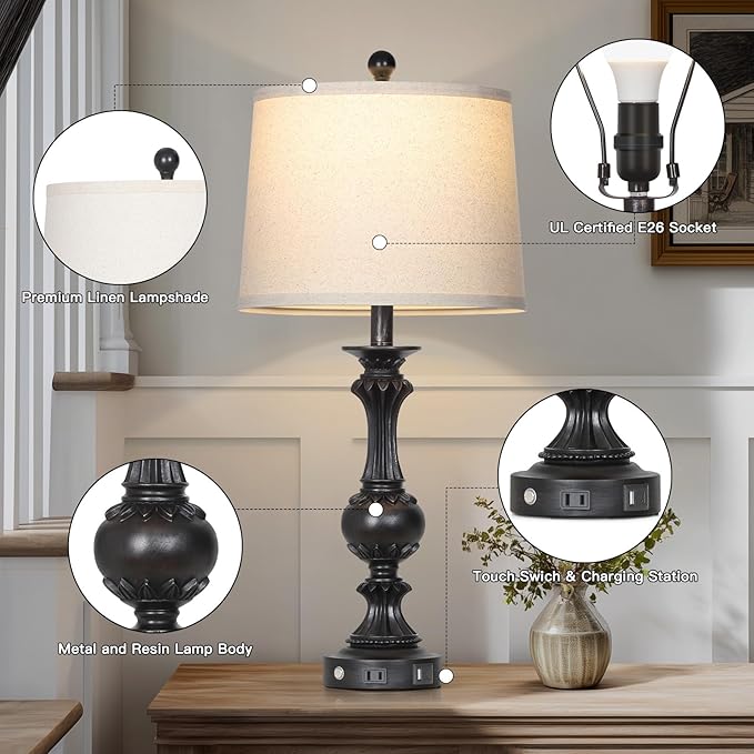 28" Black Farmhouse Table Lamps Set of 2, Rustic Lamps for Living Room with USB C+A Ports & AC Outlet, 3 Way Touch Control Bedroom Lamp, Retro Tall Bedside Lamp for Nightstand Side Table - Bloomnest
