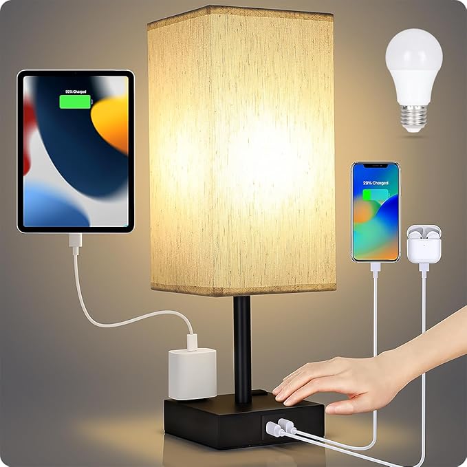 Bedside Table Lamp for Bedroom - Touch Small Lamp with USB C+A Charging Ports & AC Outlets, 3 Way Dimmable Nightstand Light for Living Room (LED Bulb Included, Flaxen) - Bloomnest
