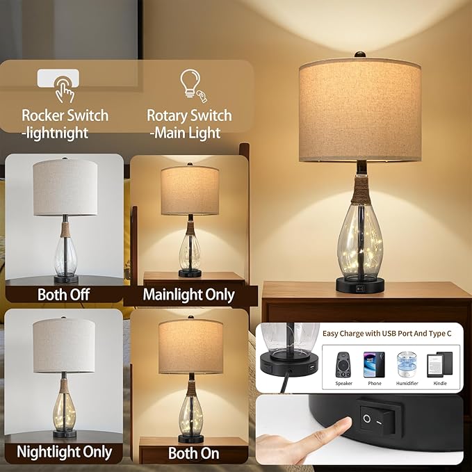 OYEARS 23" Farmhouse Table Lamps for Living Room,Boho Rattan Bedside Lamps with USB-C & USB-A Ports, Glass Nightlight, Dual Light Sources, Black - Bloomnest