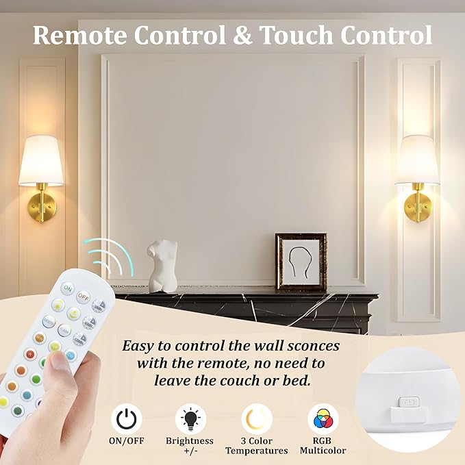 Battery Operated Wall Sconces Set of 2,Rechargeable Wall Lights with 5200mAh Dimmable Bulbs and Remote,Adjustable 15 Colors,Wireless Wall Lamps for Bedroom Living Room - Bloomnest