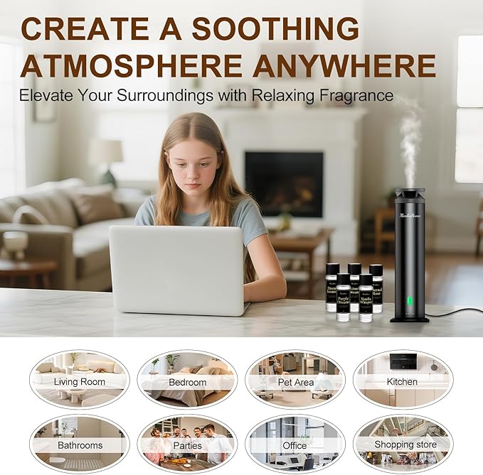Waterless Scent Diffuser Starter Kit - 1000 Sq Ft Coverage, Essential Oil Diffuser for Home, Hotel & Office, Included 5 Scent Oils, Remote Control, Aromatherapy Diffuser, Ultra Black - Bloomnest