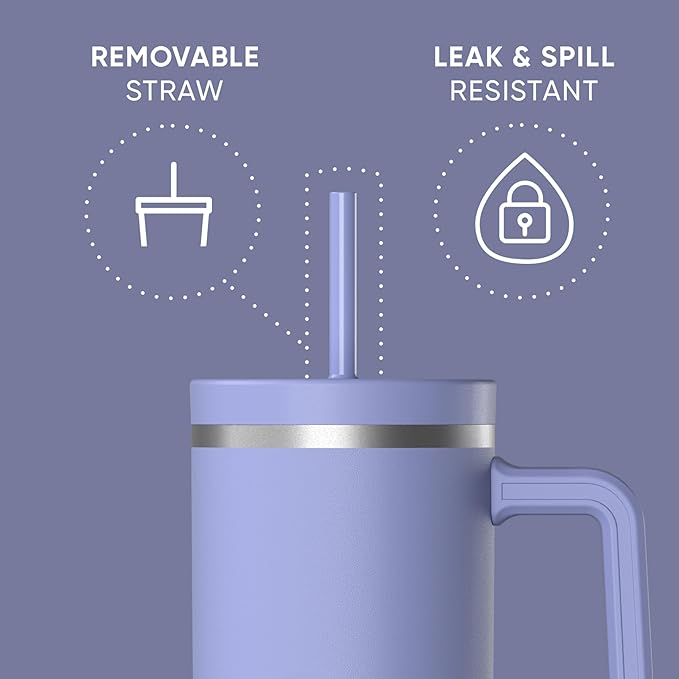 Hydrapeak Voyager 40 Oz Stainless Steel Tumbler with Handle, Insulated Water Bottle With Straw & Lid, Cupholder Friendly Reusable Travel Mug (Periwinkle) - Bloomnest