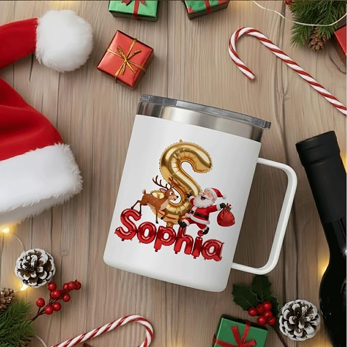 Personalized Christmas Insulated Coffee Mug with Handle – Custom Gold Balloon Initial Letter [S] Double Wall Stainless Steel Travel Tumbler – Unique Holiday Gift for Men, Women, & Kids(B114) - Bloomnest
