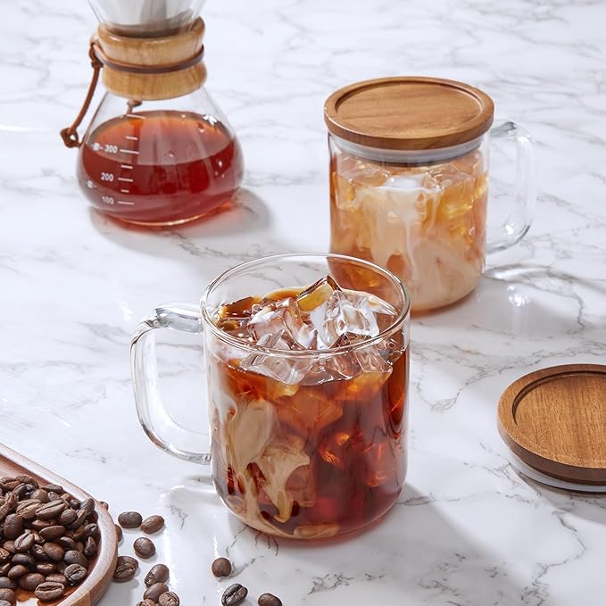 DRASTAR Glass Coffee Cups, 16 oz Coffee Mugs, Flat Bottomed Cups with Acacia Wood Lid, Glass Tea Cup with Handle, Clear Tea Cup Set of 2 - Bloomnest