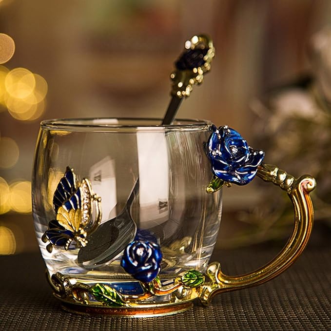 Luka Tech Enamel Butterfly flower Lead-free Glass Coffee Mugs Tea Cup with Steel Spoon, personalised Gifts For Women Wife Mom Girl Teacher Friends Birthday Mothers Valentines Day Wedding (Rose) - Bloomnest