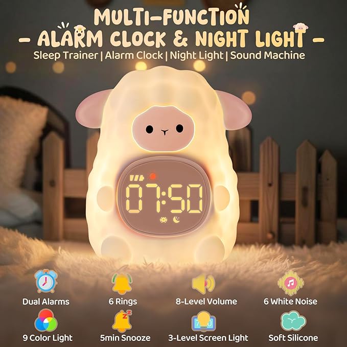 Sheep Alarm Clock with Night Light for Kids with Sleep Training and Sound Machine, Rechargeable Silicone Lamp OK to Wake Clock，Cute Animal Tabletop Lamp, Perfect Sleep Companion for Boys Girls, Pink - Bloomnest