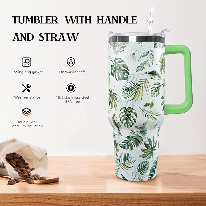 Ceovfoi 40 oz Green Insulated Stainless Tumbler - Tropical Plant Travel Coffee Cup, Water Bottle, Gardeners Gift - Bloomnest