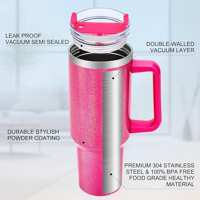 40 oz Tumbler with Handle and Flip Straw Lid, Vacuum Insulated Leak Proof Double Walled Stainless Steel Glitter Travel Mug Tumblers, Maintains Cold Ice and Heat for Hours(Hot Pink) - Bloomnest